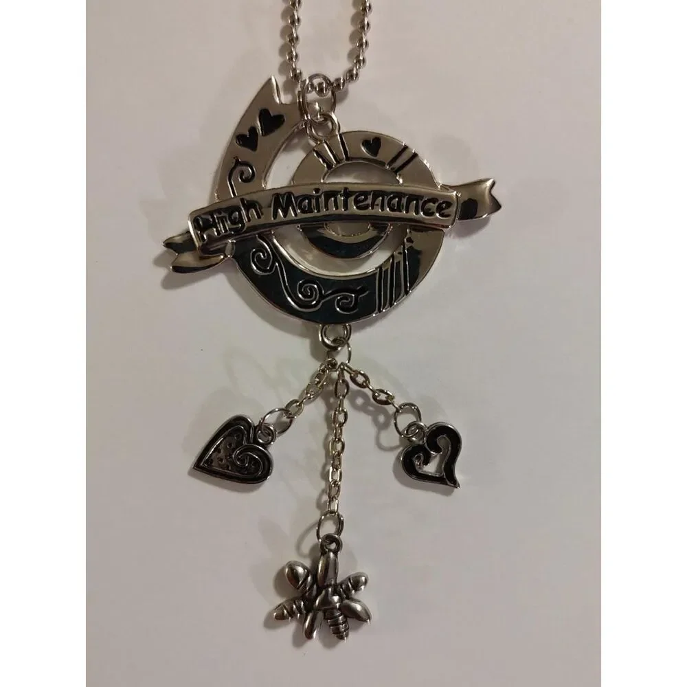 VTG Style High Maintenance Silver Tone Heart Flower Swirl Ribbon Charm Keychain